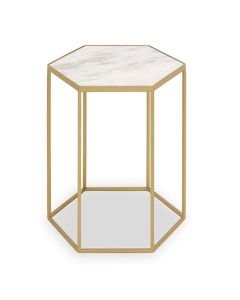 Rabia Hexagonal White Marble Top Side Table With Gold Metal Base