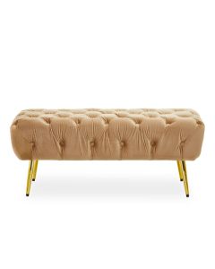 Tamra Plush Velvet Footstool In Beige With Gold Tapered Metal Legs