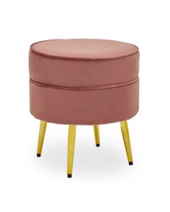 Tamra Round Velvet Footstool In Dusty Pink With Gold Angular Metal Legs