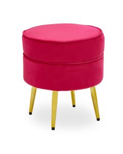 Tamra Round Velvet Footstool In Bright Pink With Gold Angular Metal Legs