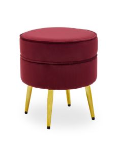 Tamra Round Velvet Footstool In Wine With Gold Angular Metal Legs