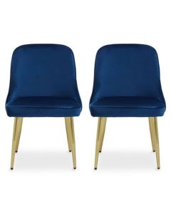 Demi Midnight Blue Velvet Dining Chairs With Gold Metal Legs In Pair