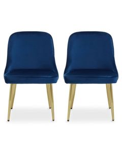 Demi Midnight Blue Velvet Dining Chairs With Gold Metal Legs In Pair