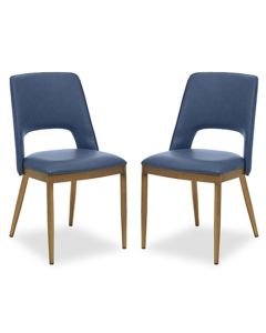 Gilden Blue Leatherette Effect Dining Chairs With Brass Metal Legs In Pair