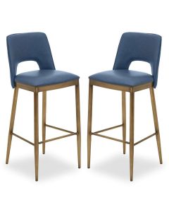 Gilden Blue Leather Effect Bar Chairs With Brass Legs In Pair