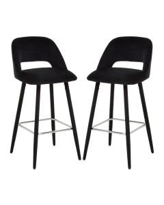 Warren Black Velvet Bar Chairs With Silver Metal Footrest In Pair