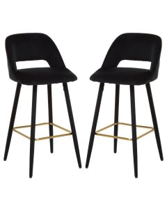 Warren Black Velvet Bar Chairs With Gold Metal Footrest In Pair
