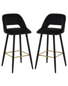 Warren Black Velvet Bar Chairs With Gold Metal Footrest In Pair
