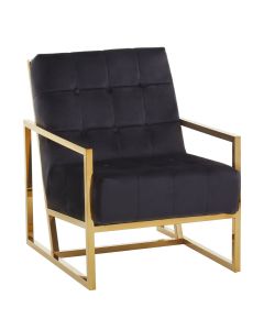Hana Velvet Fabric Armchair In Black With Gold Stainless Steel Frame