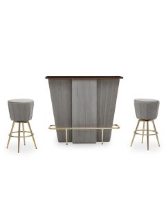 Sinatra Wooden Bar Table With 2 Grey Velvet Stools