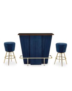 Sinatra Wooden Bar Table With 2 Midnight Blue Velvet Stools