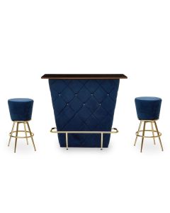 Presley Wooden Bar Table With 2 Midnight Blue Velvet Stools