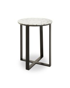 Marmara Round Marble Side Table In White With Black Metal Base