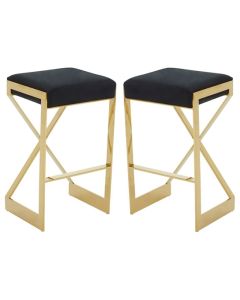 Amberley Black Velvet Bar Stools With Gold Metal Base In Pair