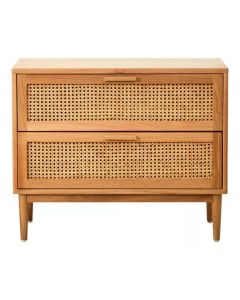 Lyon Wooden Bedside Cabinet With 2 Drawers In Natural Rattan And Oak