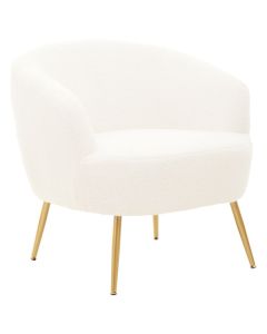 Yazmin Curved Fabric Armchair In Plush White With Gold Metal Legs