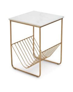 Mandoli Marble Rack Side Table In White With Gold Metal Frame