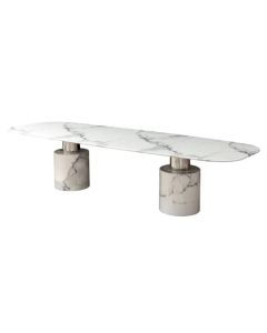 Sesto Marble Dining Table In White With Polished Stainless Steel Legs