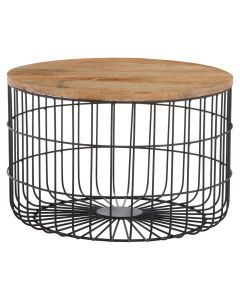 Pali Round Wooden Top Side Table With Black Iron Cage Base