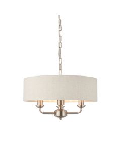 Highclere 3 Lights Natural Linen Shade Ceiling Pendant Light In Brushed Chrome