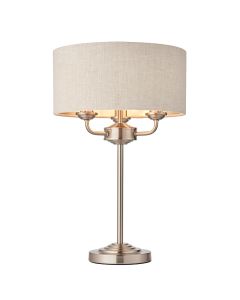 Highclere 3 Lights Natural Linen Shade Table Lamp In Brushed Chrome
