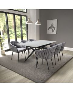 Tarsus Extending Grey Ceramic Top Dining Table With 6 Pandora Grey Chairs