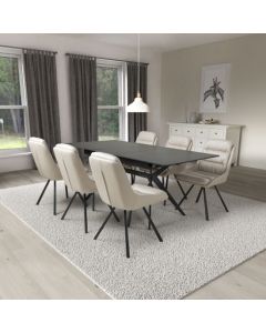 Tarsus Extending Black Ceramic Top Dining Table With 6 Arnhem Cream Chairs