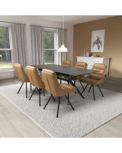 Tarsus Extending Black Ceramic Top Dining Table With 6 Arnhem Tan Chairs