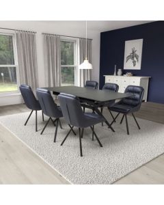 Tarsus Extending Black Ceramic Top Dining Table With 6 Arnhem Midnight Blue Chairs