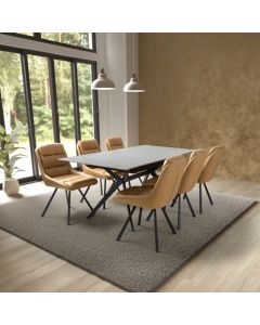 Tarsus Extending Grey Ceramic Top Dining Table With 6 Arnhem Tan Chairs