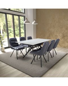 Tarsus Extending Grey Ceramic Top Dining Table With 6 Arnhem Midnight Blue Chairs