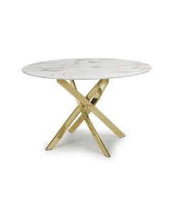 Astoria Round 1.2m Glass Top Dining Table In White With Gold Legs