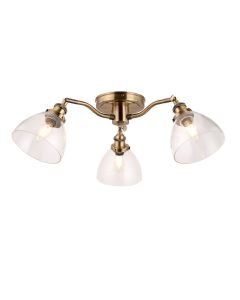 Hansen 3 Lights Clear Glass Shades Semi Flush Ceiling Light In Antique Brass