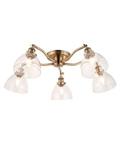 Hansen 5 Lights Clear Glass Shades Semi Flush Ceiling Light In Antique Brass