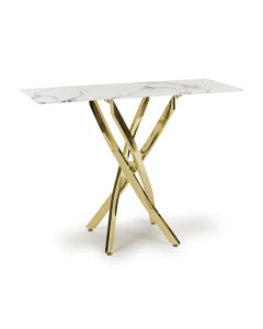 Astoria Glass Top Console Table In White With Gold Legs