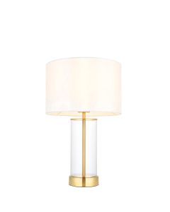 Lessina Small Vintage White Fabric Drum Shade Touch Table Lamp In Satin Brass