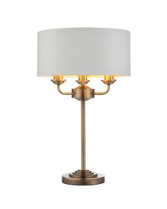 Highclere 3 Lights Vintage White Linen Shade Table Lamp In Antique Brass