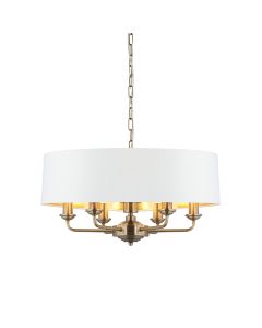 Highclere 6 Lights Vintage White Linen Shade Ceiling Pendant Light In Antique Brass