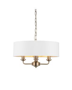 Highclere 3 Lights Vintage White Fabric Shade Ceiling Pendant Light In Antique Brass