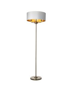 Highclere 3 Lights Vintage White Fabric Shade Floor Lamp In Antique Brass