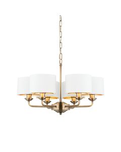 Highclere 6 Lights Vintage White Fabric Shade Ceiling Pendant Light In Antique Brass