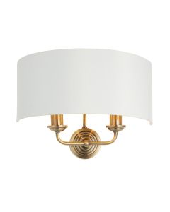 Highclere 2 Lights Vintage White Fabric Shade Wall Light In Antique Brass