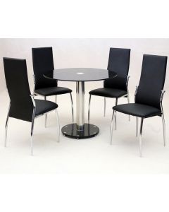 Alonza Black Glass Dining Set With Chrome Stand And 4 Black Chairs