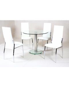 Alonza Clear Glass Dining Set With Chrome Stand And 4 White Chairs