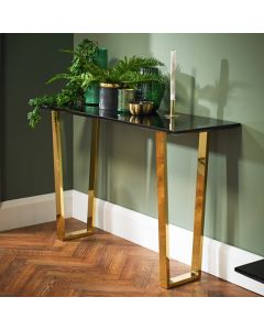 Antibes Wooden Console Table In Black High Gloss With Gold Metal Legs