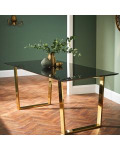 Anitbes Wooden Dining Table In Black High Gloss With Gold Metal Legs