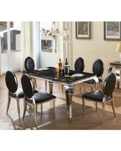Arriana Black Marble Dining Set With Stainless Steel Legs And 6 Chairs
