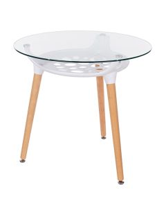 Aspen Round Clear Glass Top Dining Table With Oak Wooden Legs