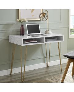 Athena Wooden Marble Effect Computer Desk With 2 Shelves In White