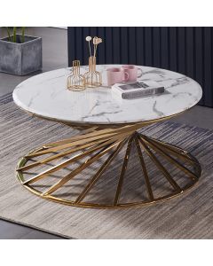 Axon Round Wooden Coffee Table In White Marble Effect With Gold Frame